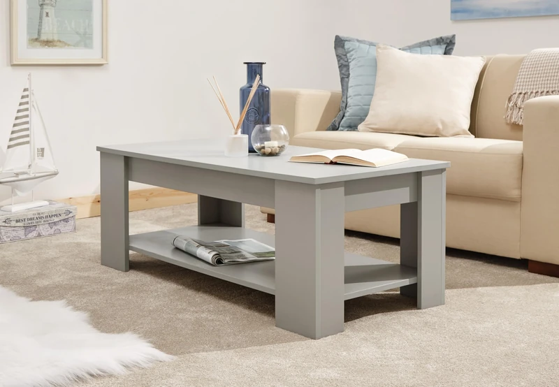 GFW Lift Up Coffee Table With Hidden Storage For Living Room. Modern Wooden Lift Top Coffee Tables With Display Shelf & Storage Compartment For Media & Accessories, Grey, H39.5cm x W105cm x D50cm
