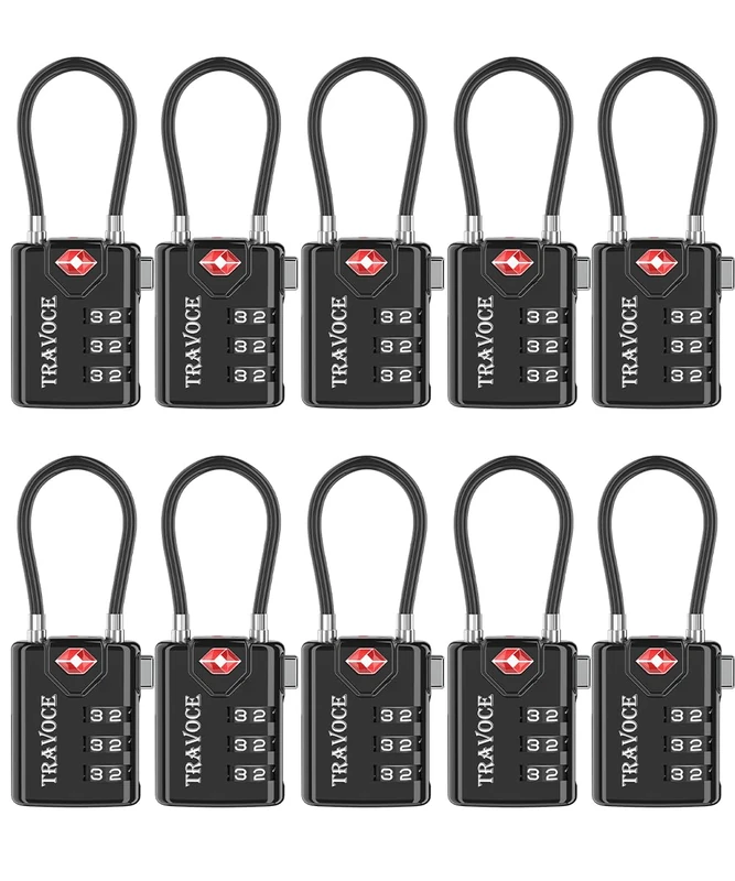 Search Alert TSA Approved Travel Combination Luggage Cable Locks for Suitcase, Gym Locker,Toolbox,Backpack 1,2,4,6 &10 pk, Black 10 Pack, ONE_Size