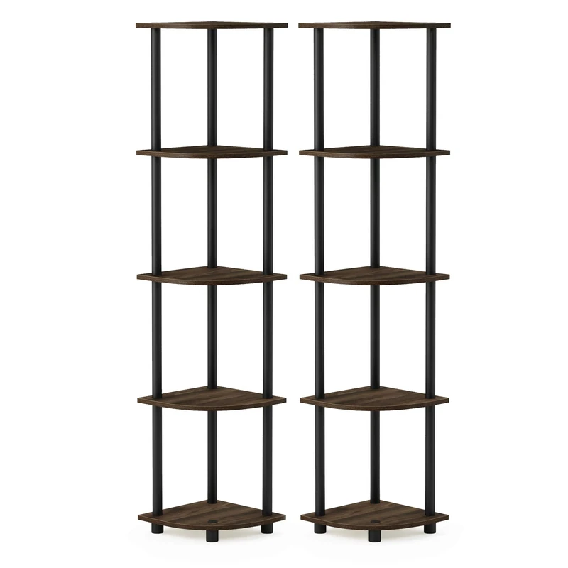 Furinno TURN-N-TUBE Corner Shelf Set of 2, 5-Tier Corner Bookshelf, Open Storage Shelves, for Organization and Storage, Living Room, Home Office, Garage, Columbia Walnut