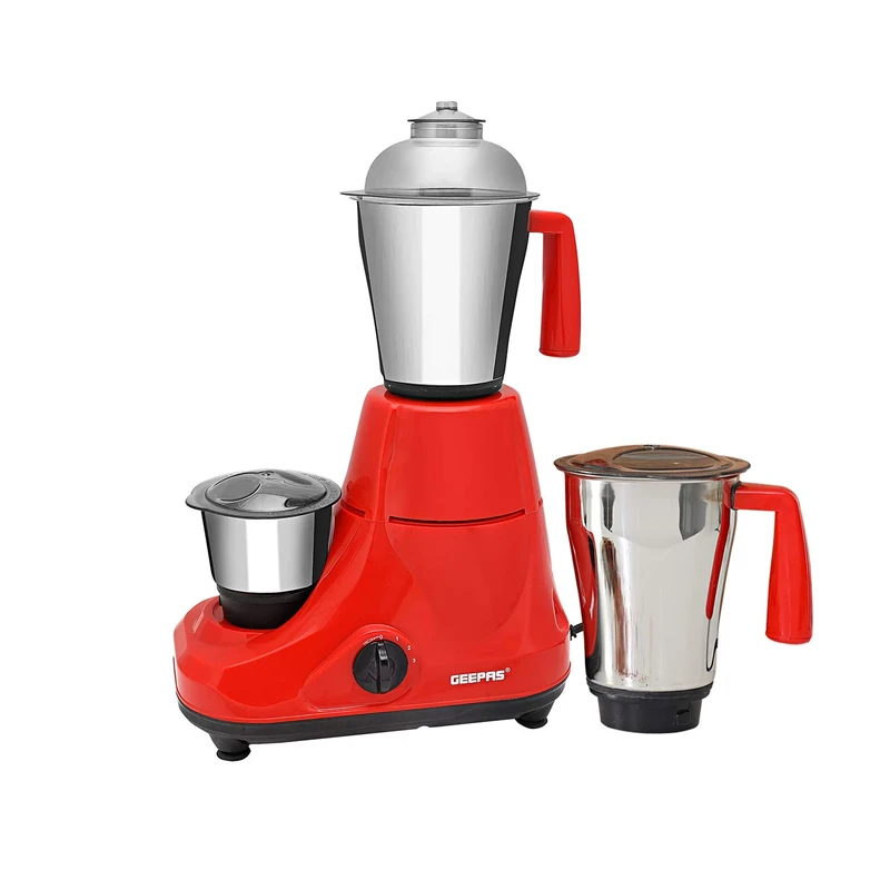 GEEPAS 750W 3-in-1 Mixer Grinder | Stainless Steel Jars & Blades | 3 Speed Control, Perfect for Chutney, Dry & Wet Fine Grinding Mixing | Overload Protection | Powerful Motor | 2 Year Warranty, Red