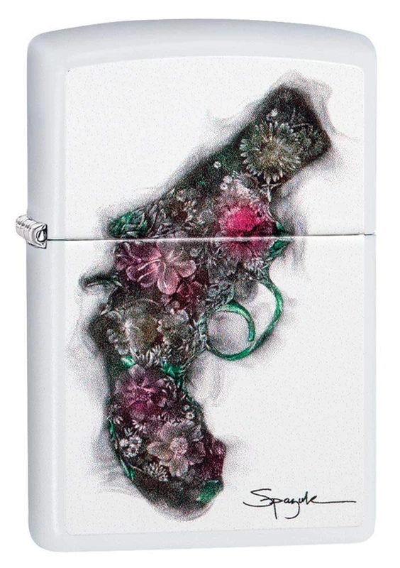 Zippo Windproof Lighter - White Matte - Spazuk Flower Smoke - Colour Image - Refillable - Reusable - Gift Box - Made in USA