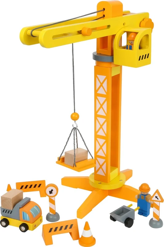 small foot construction crane with wooden construction site accessories, play set for children aged 3+, 12007