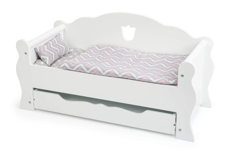 Small Foot 12024 Wooden Doll's Day Bed with Mattress, Colourful Blanket and Pillow with Drawer, from 3 Years