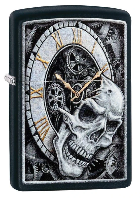 Zippo Windproof Lighter - Skull Clock Design - Black Matte - Colour Image - Refillable - Reusable - Gift Box - Metal - Made in USA - Image 1