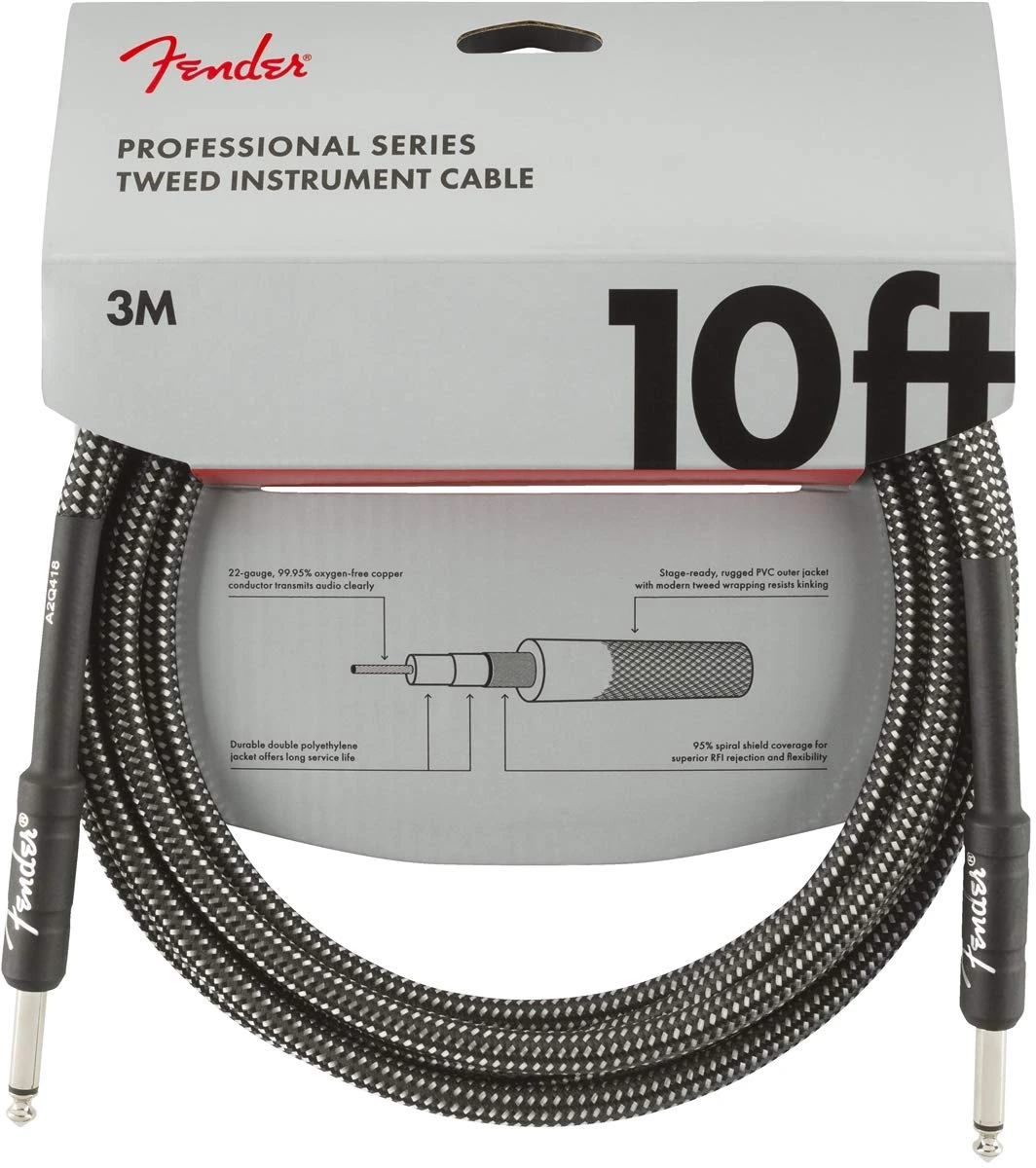 Fender Professional Series Instrument Cable, 10ft, 22 AWG, Spiral Shielding, Nickel-Plated Connectors, Lossless Pure Tone, Grey Tweed