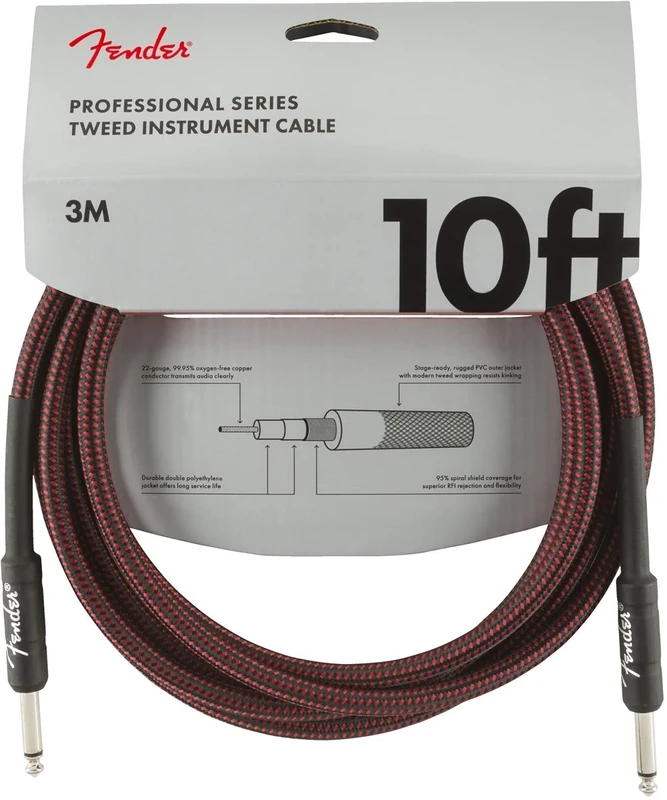Fender Professional Series Instrument Cable, 10 Foot, Superior Tone Retention, Durable 8mm Jacket, Red Tweed, Nickel-Plated Connectors, Flexible and Noise-Free