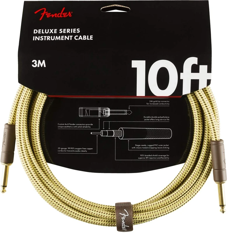Fender Deluxe Series Instrument Guitar Cable, 10ft / 3m, Straight/Straight Jacks, Tweed