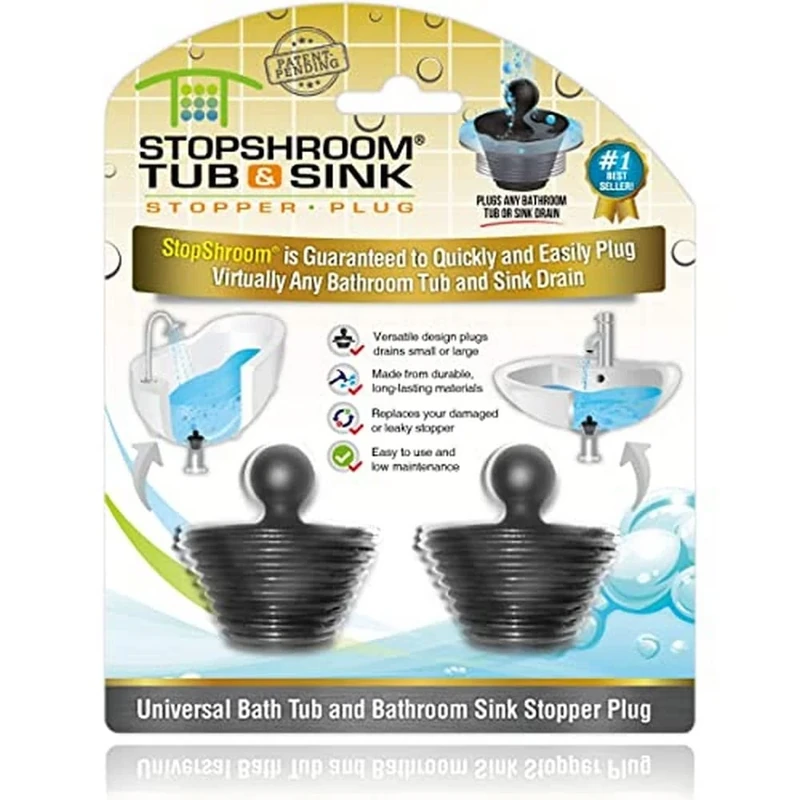 StopShroom Pack of 2 Universal Stopper Plug for Bathtub and Bathroom Sink Drains Silicone Black
