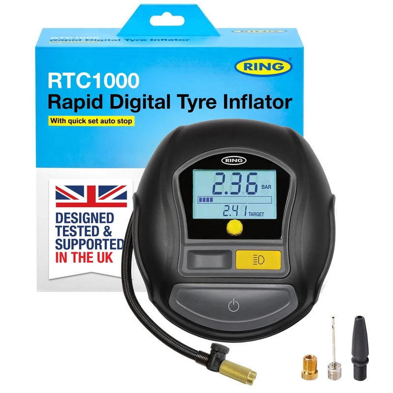 RING TYREINFLATE 1000 Rapid Digital Tyre Inflator Air Compressor With Three Adaptors - Measures in PSI, BAR & Kpa