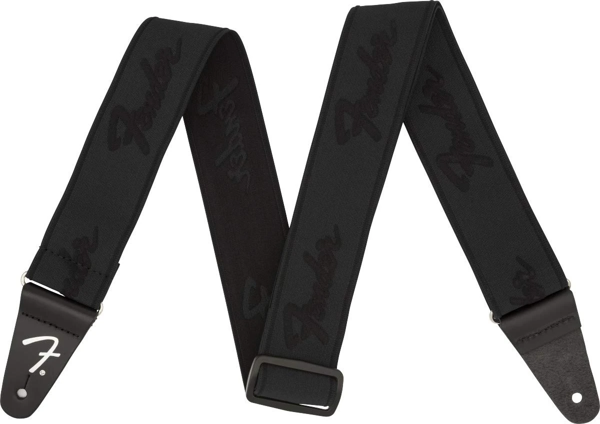 Fender WeighLess Running Logo Guitar Strap, 2in, Black/Black