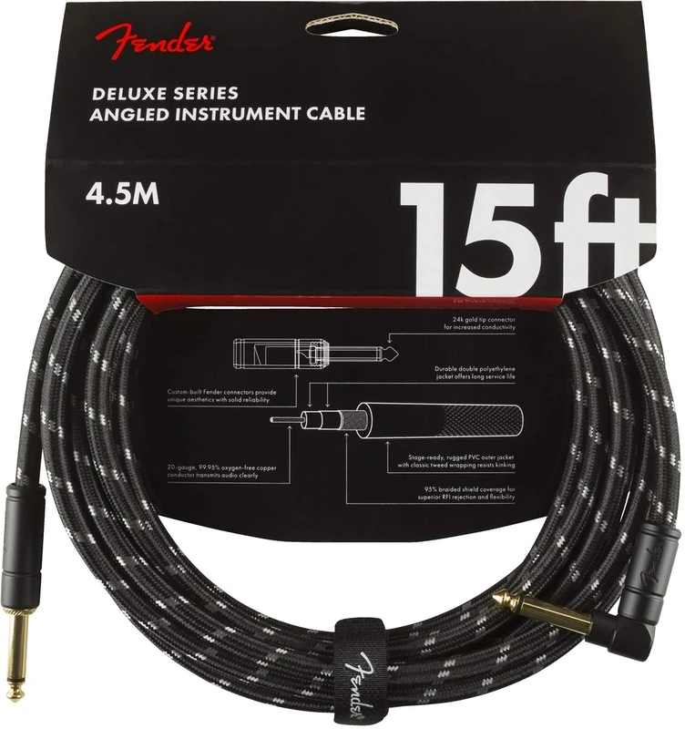 Fender Deluxe Series Instrument Guitar Cable, 15ft / 4.5m, Straight/Angle Jacks, Black Tweed
