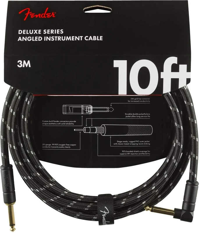 Fender Deluxe Series Instrument Cable 10ft,3m, Braided Shielding and 24K Gold Plated Connectors for Lossless, Pure Sound, Straight,Angled Jack, Black Tweed
