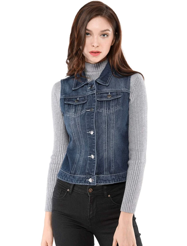 Allegra K Women's Buttoned Washed Denim Vest Jacket W Chest Flap Pockets Blue M