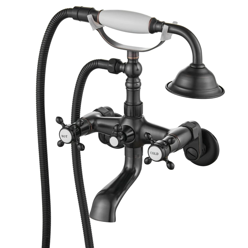 gotonovo Clawfoot Bathtub Faucet Tub Filler with Hand Held Shower Faucet Set Victorian Double Cross Handle 6 Inch Center Adjustable Swing Arms Tub Mount Short Adapter Oil Rubbed Bronze