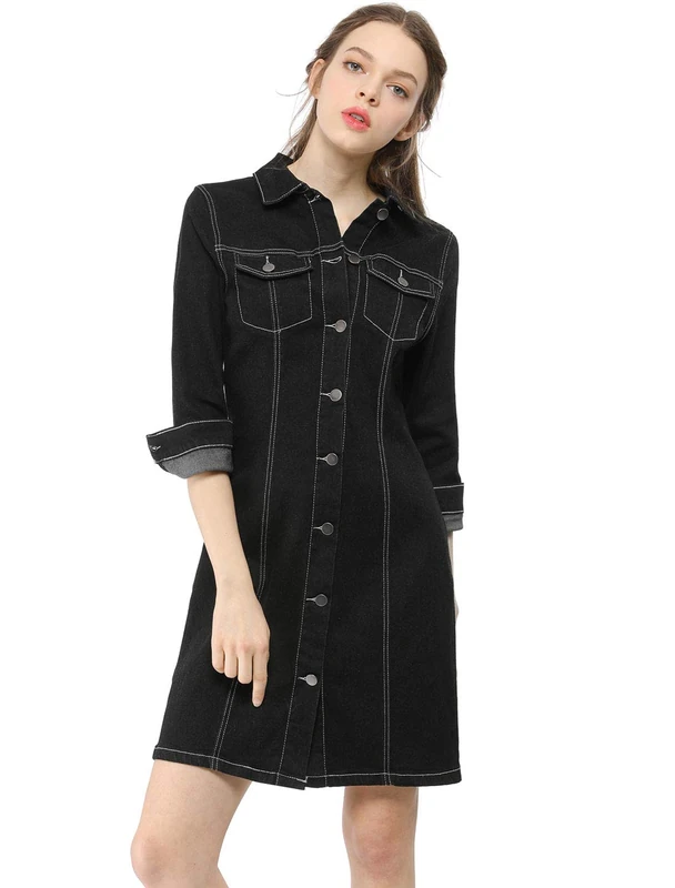 Allegra K Women's 3/4 Sleeve Button Down Denim Shirt Dress Black M-12
