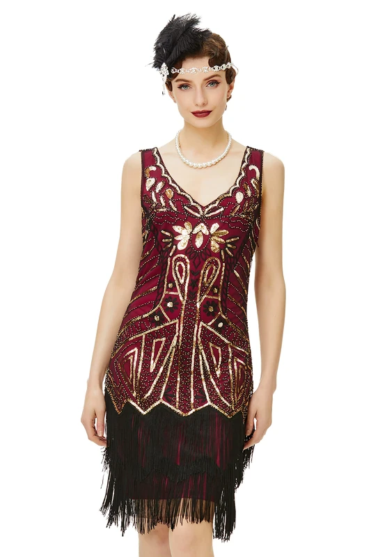BABEYOND Women's Flapper Dresses 1920s V Neck Pearl Fringe Great Gatsby Dress, Gold & Wine Red, XL