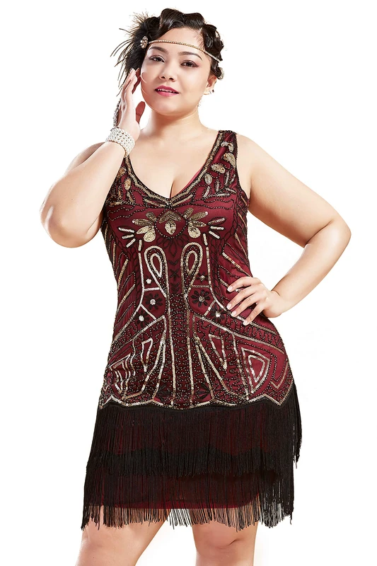 BABEYOND Women's Flapper Dresses 1920s V Neck Beaded Fringed Great Gatsby Dress, Gold & Wine Red, Medium