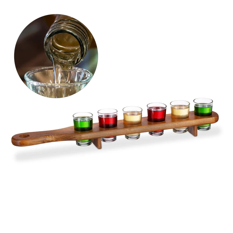 Relaxdays Wooden Shot Paddle Board, 6 Shot Glasses, 4 cl., Drinks Paddle, Glasses Holder, Brown - Image 1