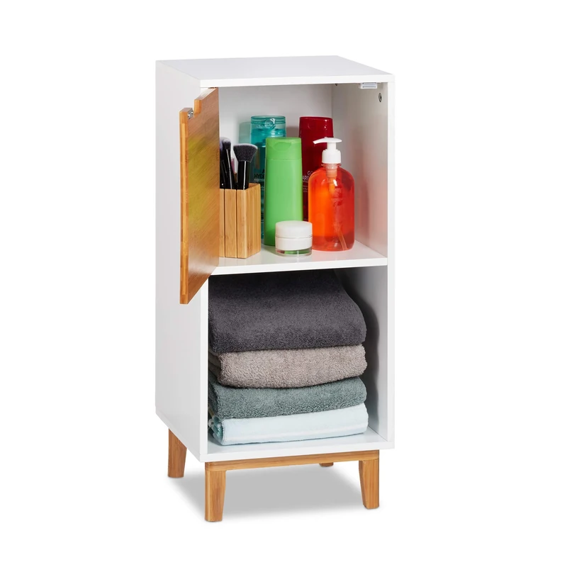 Relaxdays Standing Shelf, Scandinavian Bookcase with Door, MDF and Bamboo Side Cabinet, HWD 71x32x30 cm, White