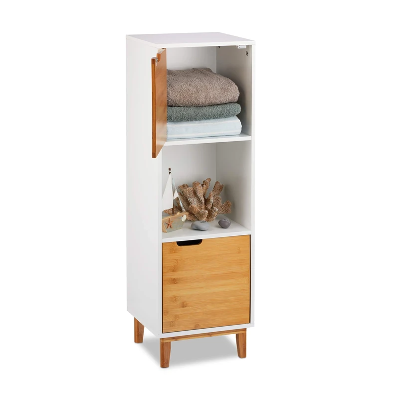 Relaxdays Standing Shelf, Scandinavian Bookcase with Door, MDF and Bamboo Side Cabinet, HWD 101x32x30 cm, White
