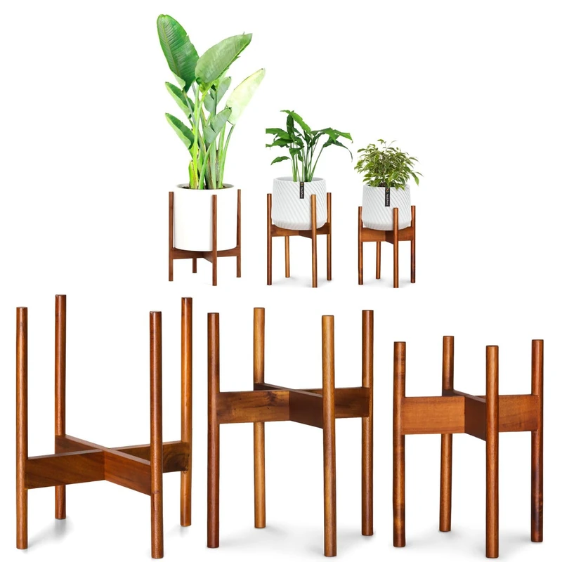 Fox & Fern Mid-Century Modern Plant Stand - Acacia - Excluding 28cm White Ceramic Planter Pot (Set of 3, Acacia) - Image 1