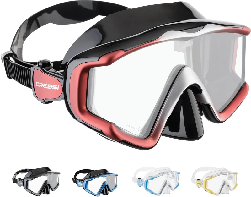 CRESSI Liberty Triside Snorkel Mask - Panoramic 3 Glass Snorkelling & Diving Mask - One Size, Unisex Adult - Black/Red Silver