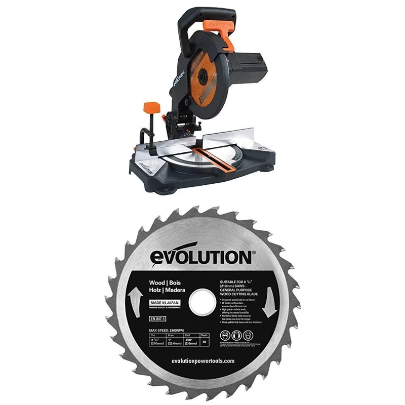 Evolution Power Tools R210CMS Multi-Purpose Compound Mitre Saw, 210 mm (110 V) with Wood Carbide-Tipped Blade, 210 mm