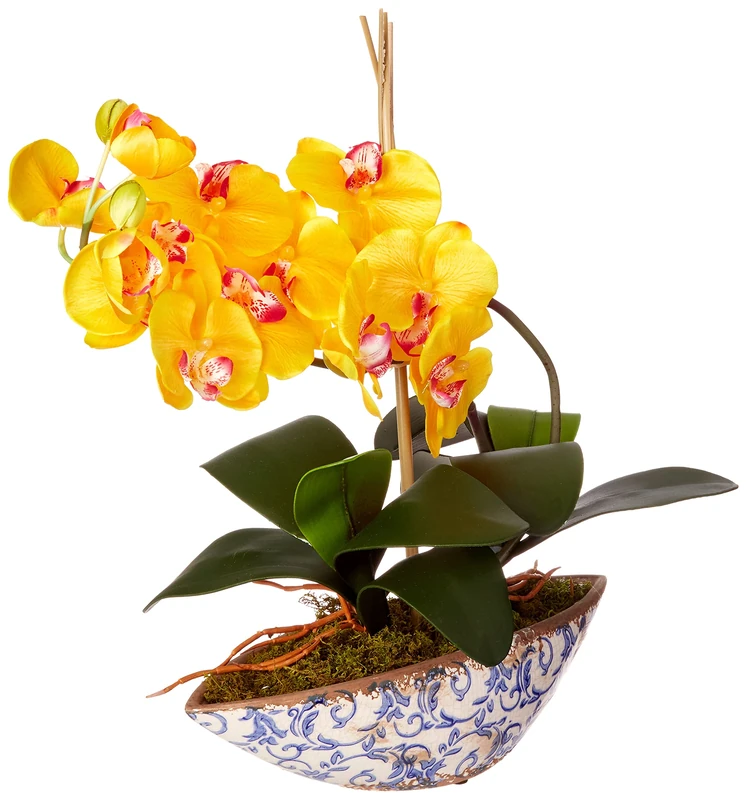 Nearly Natural Phalaenopsis Orchid Artificial Vase Silk Arrangements, Yellow