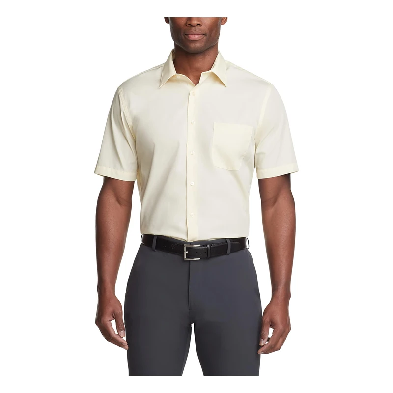 Van Heusen Men's Short Sleeve Dress Shirt Regular Fit Poplin Solid, Lemon Glaze, 17" Neck