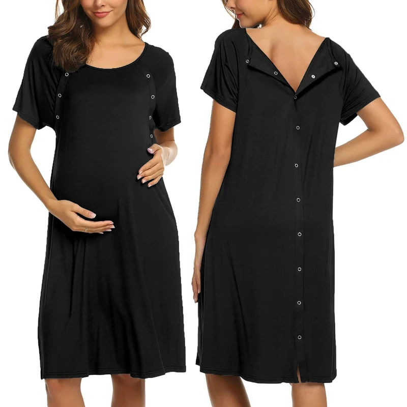 Ekouaer Women’s Nursing/Delivery/Labor/Hospital Nightdress Short Sleeve Maternity Nightgown with Button S-XXL, Black, S