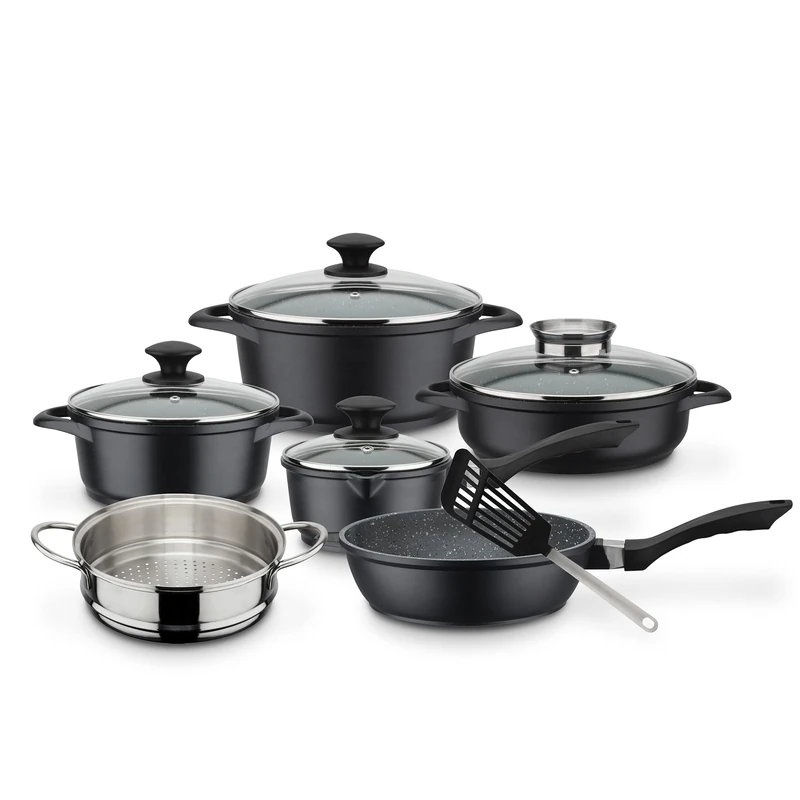 GSW Gourmet Granite Saucepan and Pan Set - High Quality Set of Pots, Casseroles, Pans and More Including Lids Also Suitable for Induction Cookers - Cast Aluminium 10-Piece