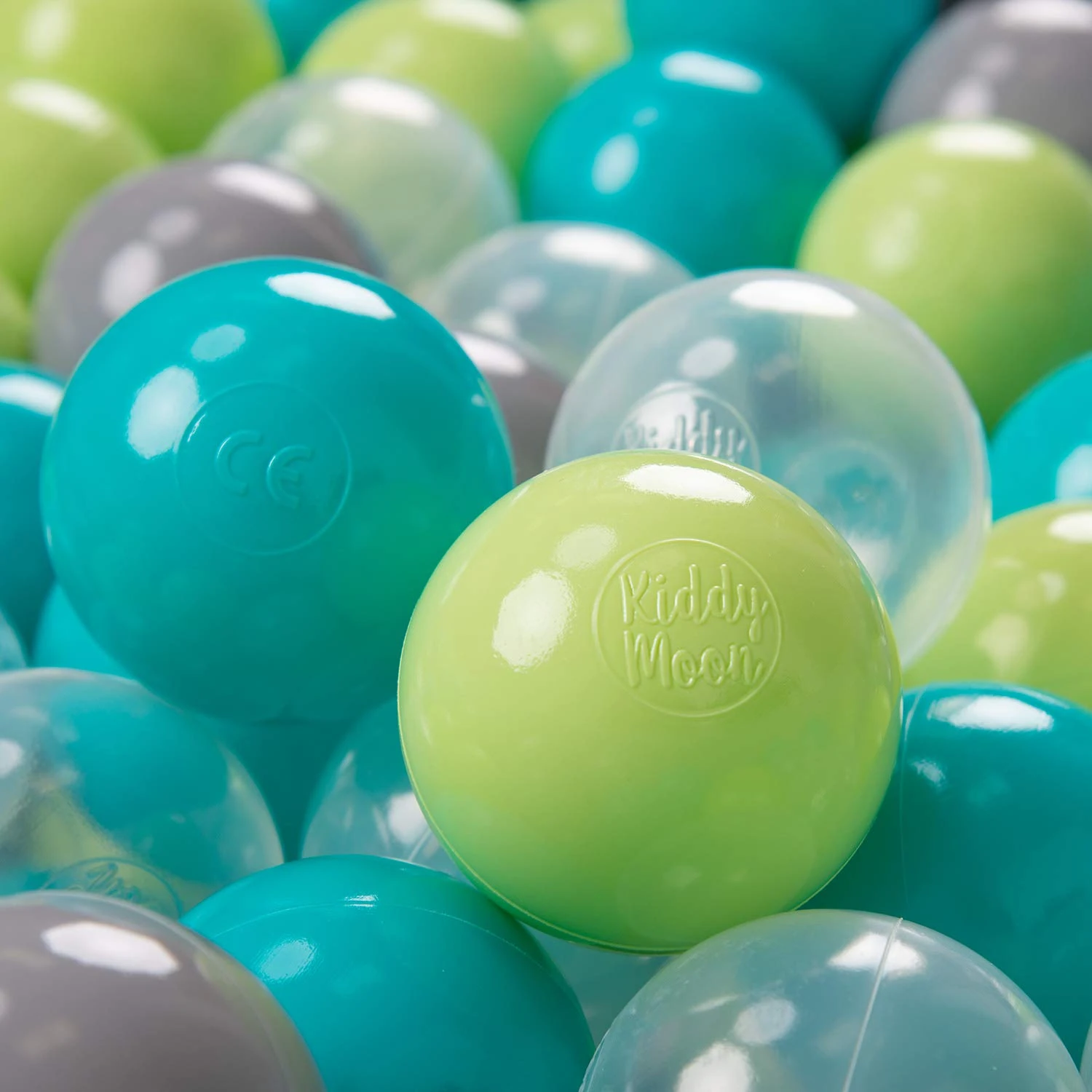 KiddyMoon Soft Plastic Play Balls 200 Balls/7Cm-2.75In Multi-Colour Made In EU, Turquoise/Light Green/Grey/Transparent