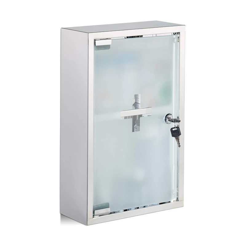 Relaxdays Stainless Steel Cabinet, Glass Door, 2 Compartments, Lockable, Home Pharmacy, Shiny, HWD: 40x25x11cm, Silver