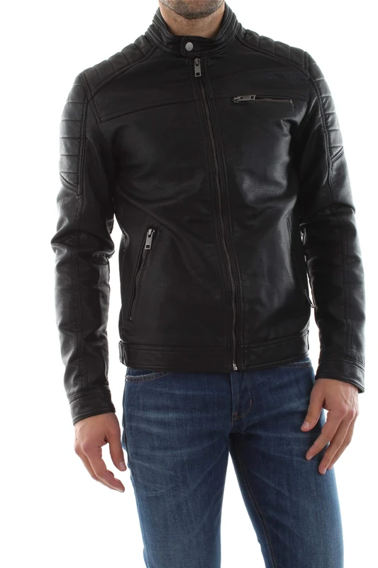 JACK & JONES Men's Faux Leather Jacket Motorcycle Blouson Bomber JJEROCKY Design Outerwear Transitional Coat., Colours:Black-2, Jacket Size:XS