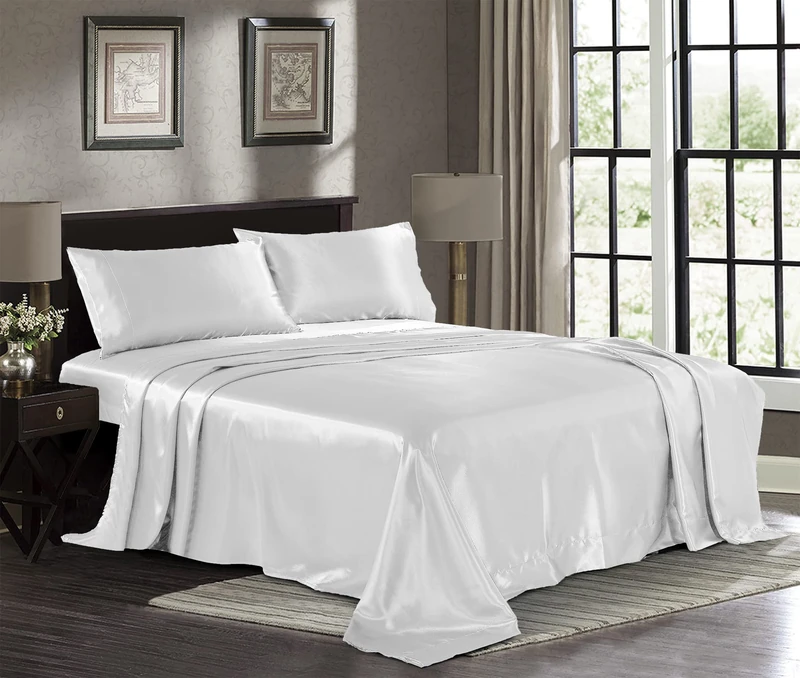 Pure Bedding Satin Sheets King Size [4 Piece, White] Luxury Stain Resistant - Deep Pocket Fitted Sheet, Flat Sheet and Pillowcases