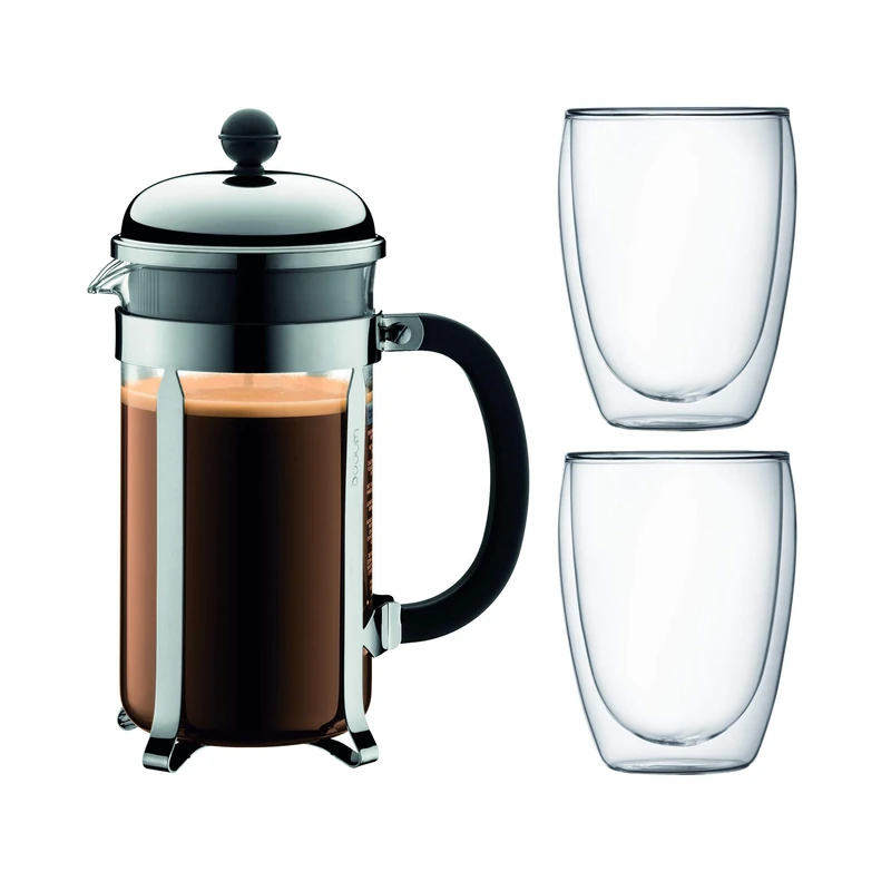 Bodum Chambord K1928-16-1 Cafetière Set with 8 Cups 1.0 L + 2 Double-Walled Glasses 0.35 L