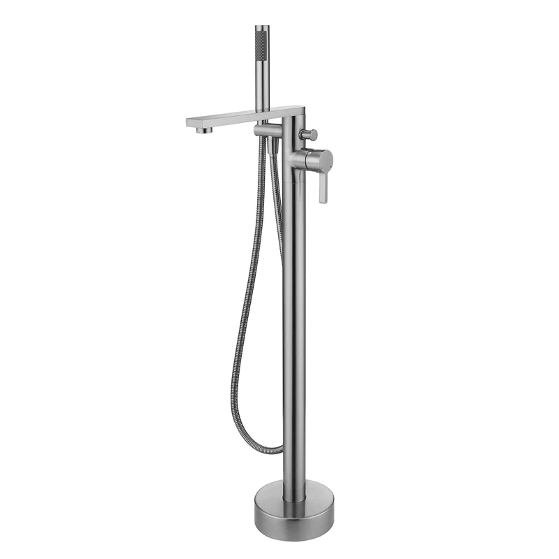 Wowkk Freestanding Bathtub Faucet Tub Filler Brushed Nickel Floor Mount Brass Single Handle Bathroom Faucets with Hand Shower