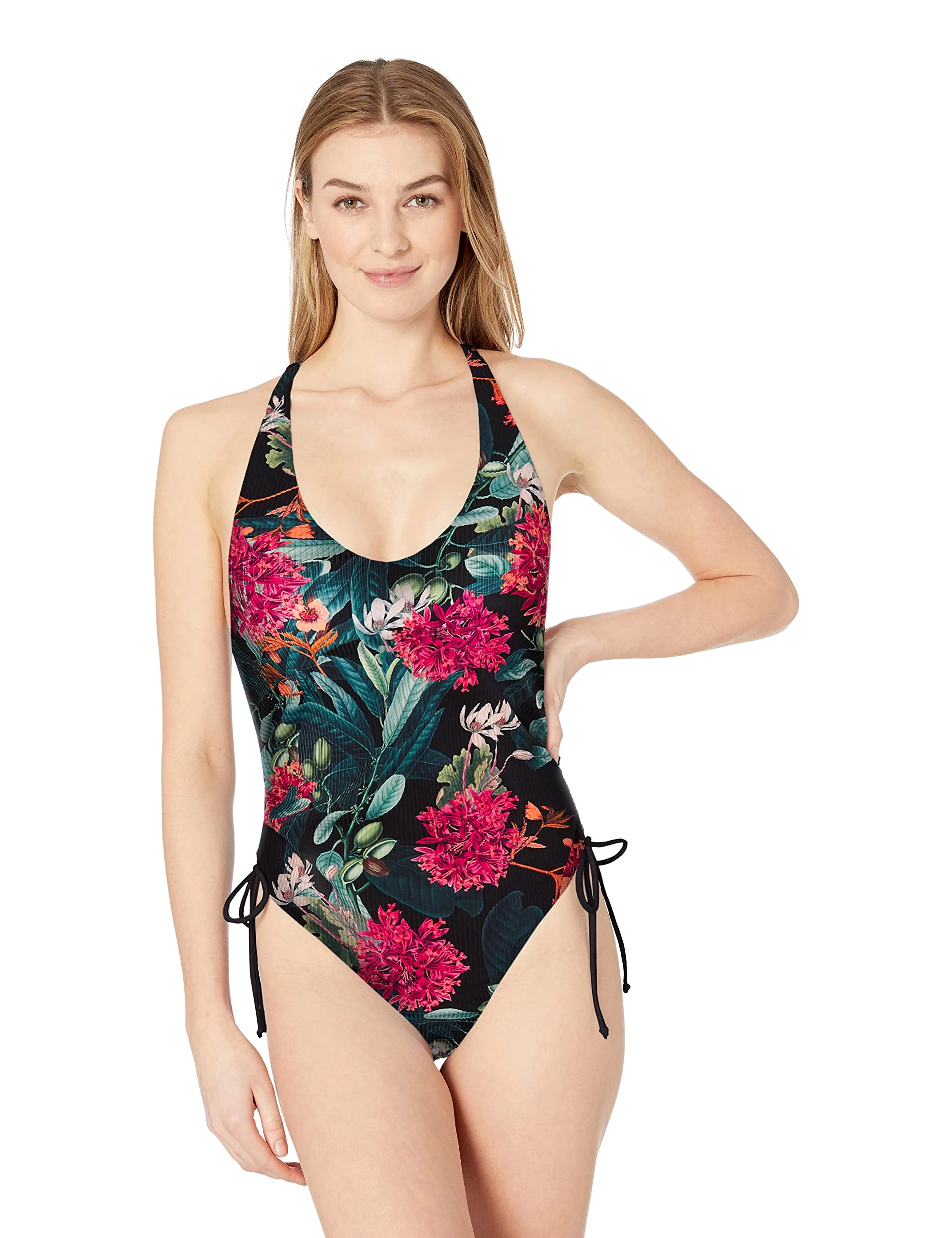 Body Glove Women's Missy Ruched Side V-Neck One Piece Swimsuit, Cleo Black Floral Rib, X-Small