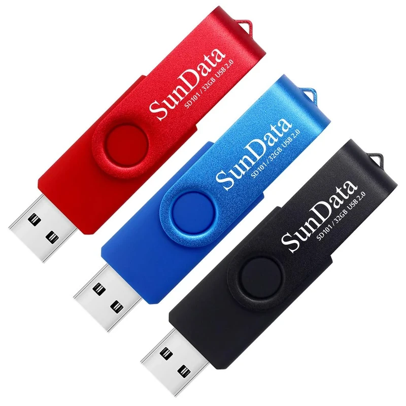 SunData 32GB Memory Stick 3 Pack USB 2.0 Flash Drive Swivel Design Thumb Drives USB Stick Pen Drive for Data Storage with LED Light (3 Colors: Black Blue Red)