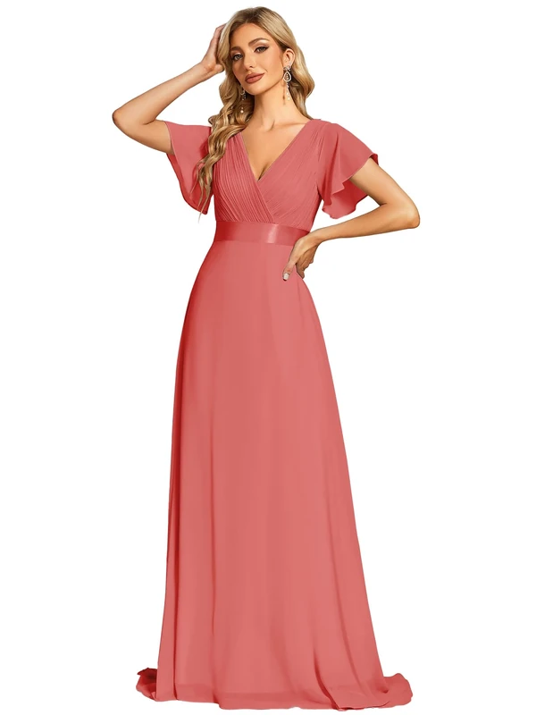 Ever-Pretty Women's Double V-Neck Short Flutter Sleeves Empire Waist Elegant Chiffon Long Plus Size Evening Dresses Coral 26UK