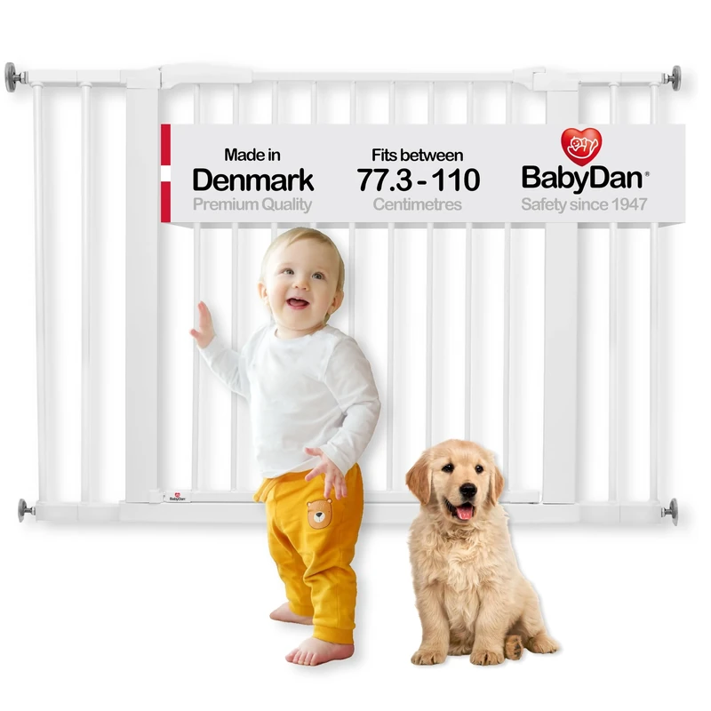 BabyDan Perfect Close, Pressure Fit Stair Gate, 77.3-110 cm, Baby Gate/Safety Gate, White, Made in Denmark - (Pet Gate/Dog gate)