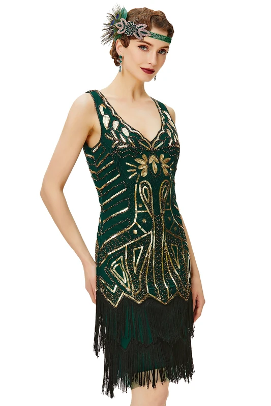 BABEYOND Women's Flapper Dresses 1920s V Neck Beaded Fringed Great Gatsby Dress, Gold & Dark Green, X-Small
