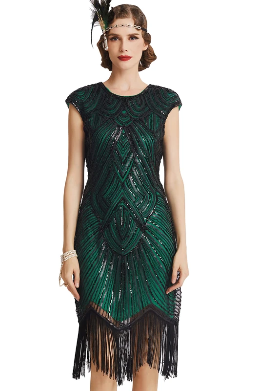 BABEYOND Women's Flapper Dresses 1920s V Neck Beaded Fringed Great Gatsby Dress (XS, Green)