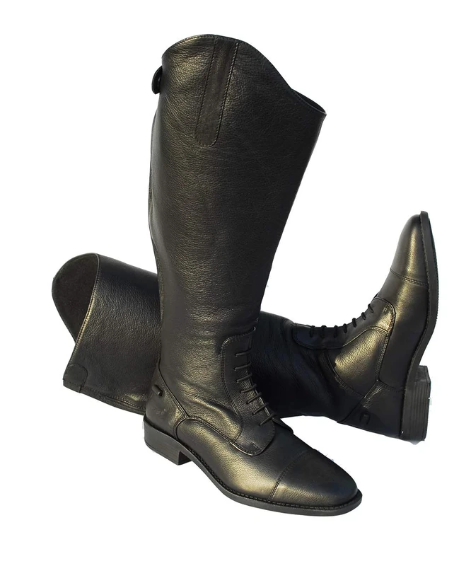 Rhinegold Elite Luxus Extra Wide BLACK LEATHER RIDING BOOTS - Soft Feel Leather, Comfortable Fit, Elasticated Laced Front, Women's Equestrian Boots with Full Length Back Zip, Size 5, EU 38