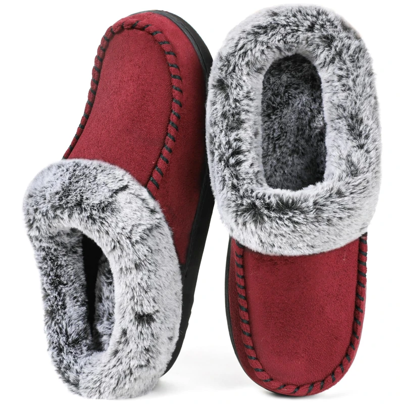 ULTRAIDEAS Women's Cozy Memory Foam Moccasin Suede Slippers with Fuzzy Plush Faux Fur Lining, Ladies' Slip on House Shoes with Indoor Outdoor Anti-Skid Rubber Sole(Wine, 7/8 UK)