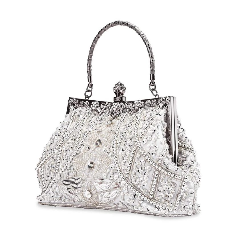 zebrum Womens Evening Clutch Bag Designer Evening Handbag Hand Bag,Lady Party Wedding Clutch Purse, Silver-vintage Style Beaded and Sequined