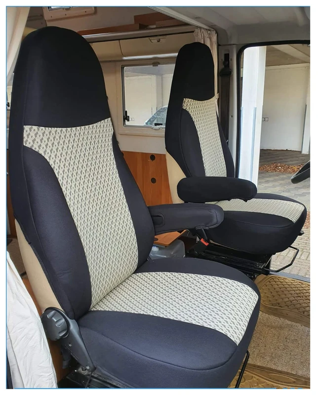 BREMER SITZBEZÜGE Custom Seat Covers Protective Covers Pilot Seats Driver and Passenger Set Compatible with Motorhome Fiat Ducato 812 Black/Beige