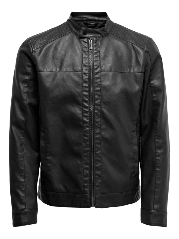 ONLY & SONS Men's Onsmike Pu Racer Jacket Otw Jacket Not Applicable, Black (Black Black), Small