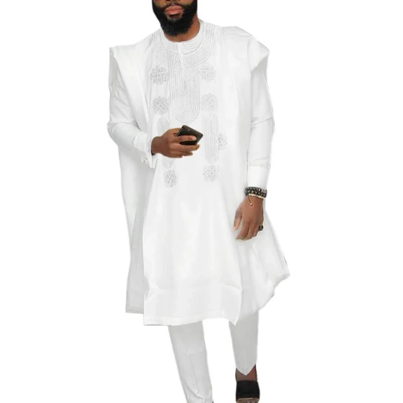 HD African Apparel Agbada Clothing Embroidery Dashiki Shirts and Pants African Men Outfits 3 Pieces, White 2XL