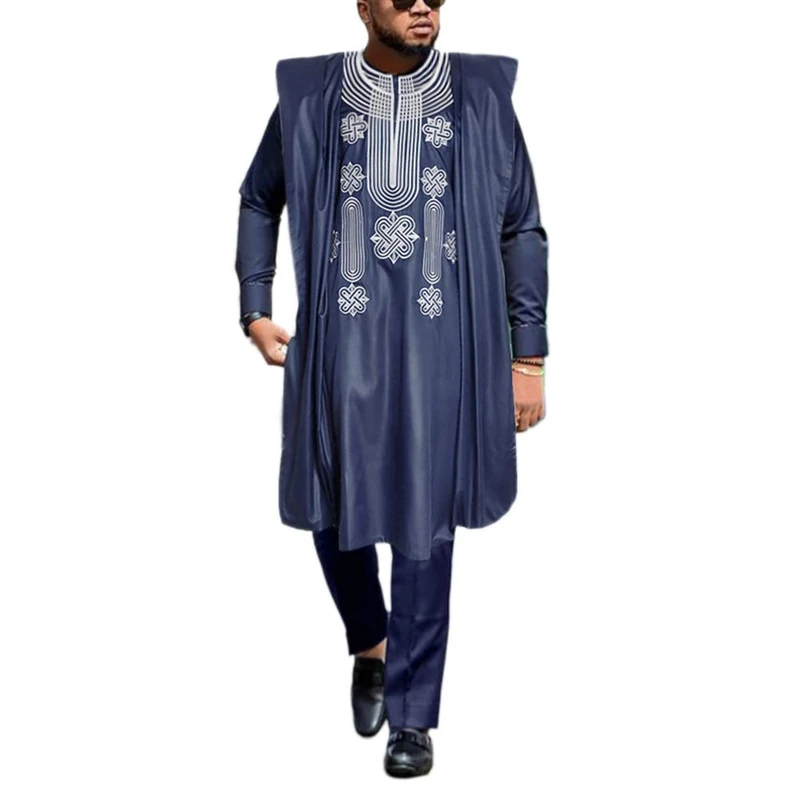 HD African Men's Agbada 3-Piece Dashiki Set - Blue 4XL